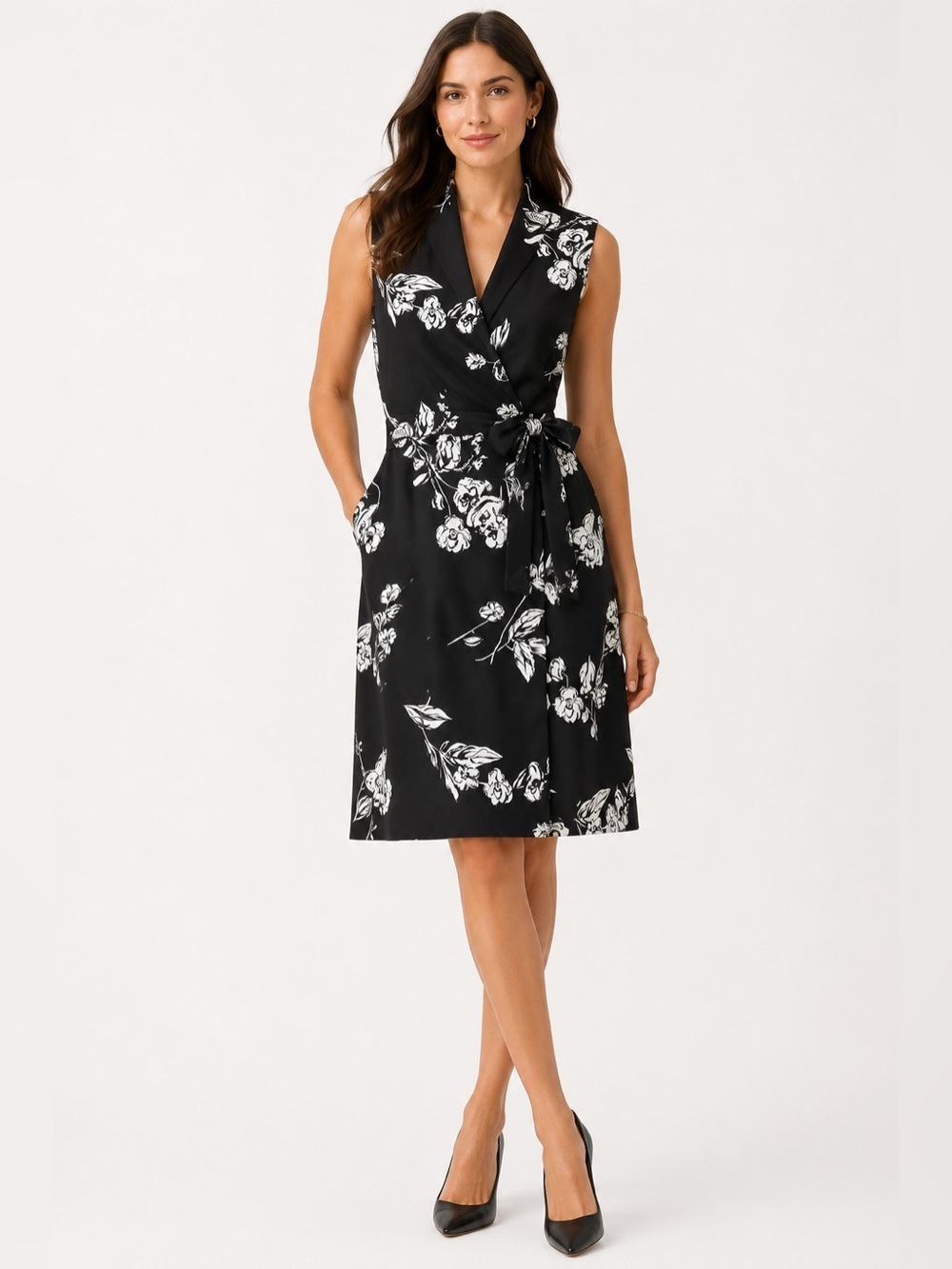 Jones New York Black White Floral Faux Wrap Sleeveless Sheath Dress Size 6